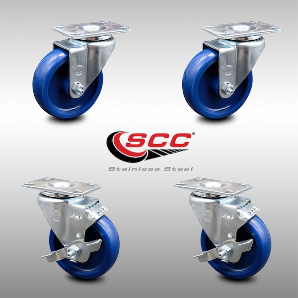 Service Caster 4 Inch SS Solid Polyurethane Swivel Top Plate Caster Set with 2 Brakes SCC SCC-SS20S414-SPUS-2-TLB-2 - main
